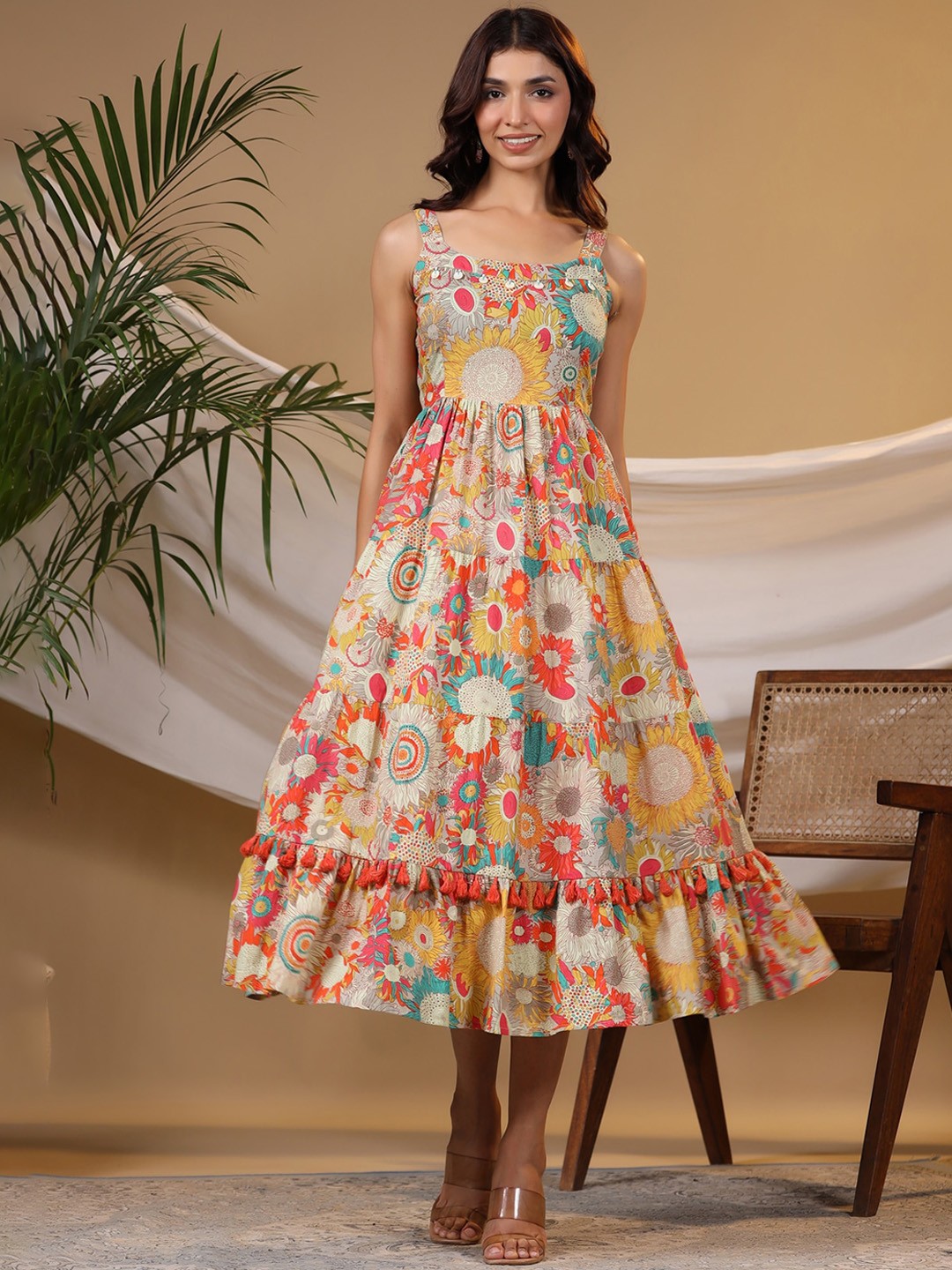 

Rain & Rainbow Floral Printed Midi Fit & Flare Pure Cotton Ethnic Dress, Grey