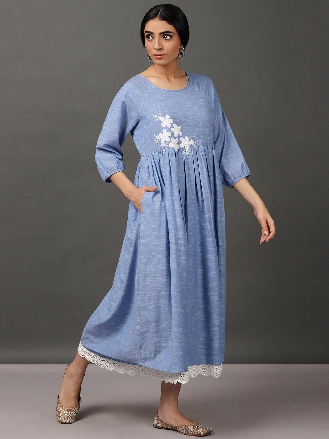 

NUHH Embroidered Raglan Sleeves Gathered Fit & Flare Midi Dress, Blue