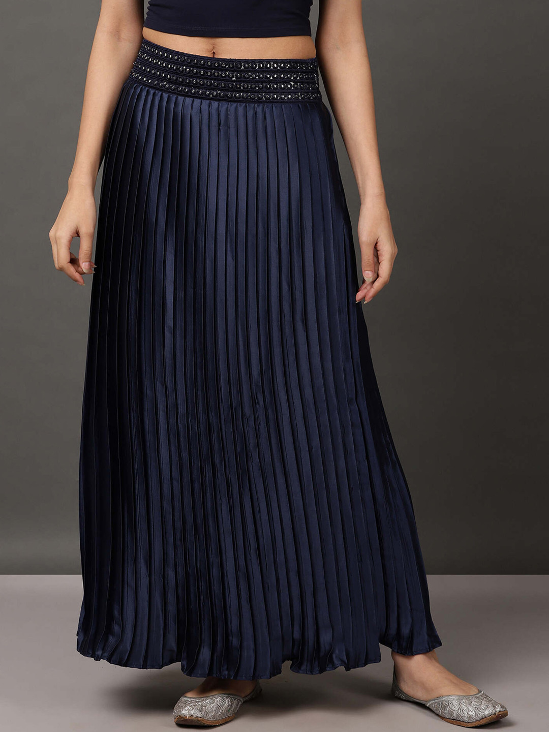 

NUHH A-Line Accordion Pleated Maxi Skirt, Navy blue