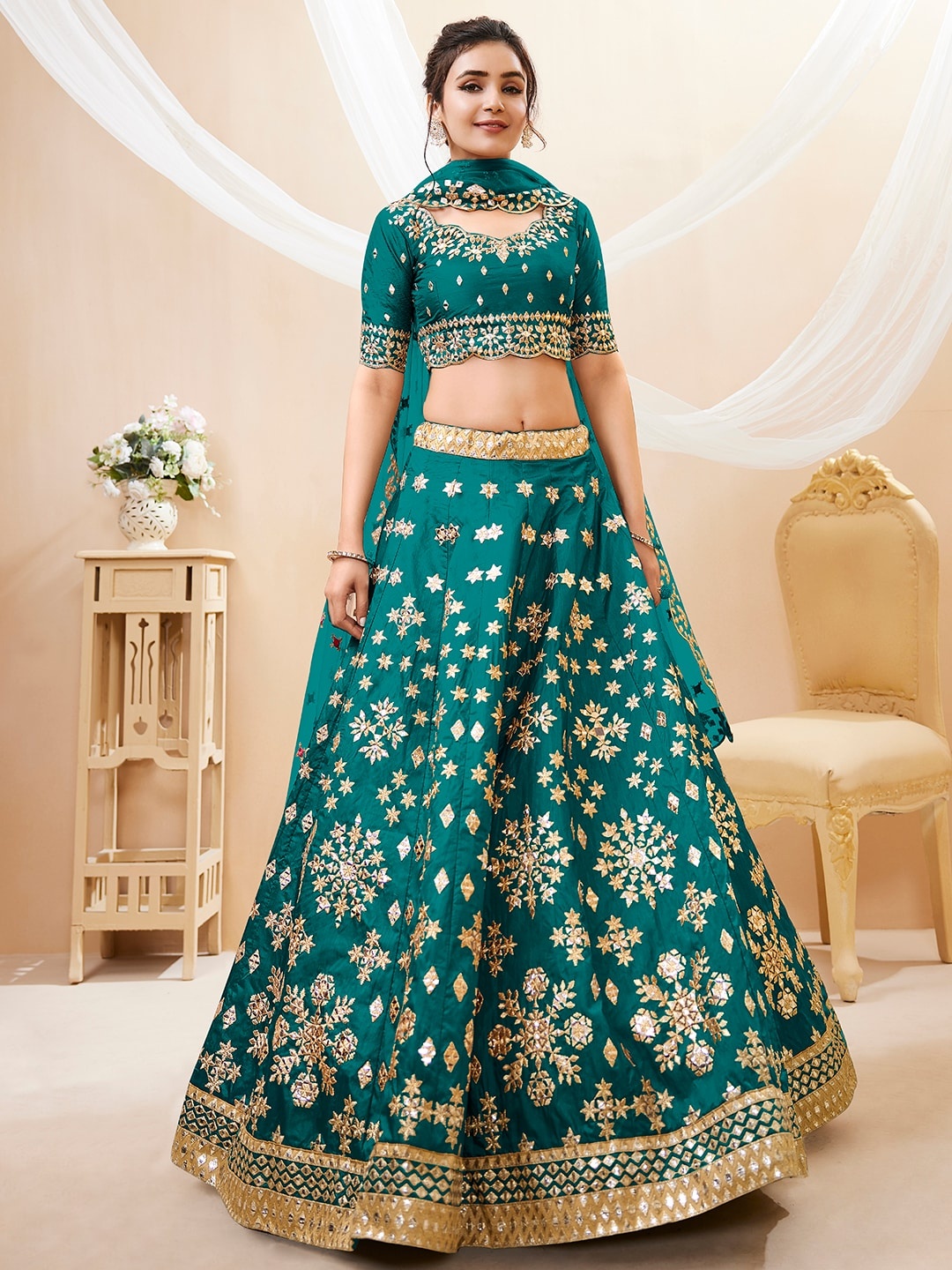 

FABPIXEL Embroidered Mirror Work Semi-Stitched Lehenga Choli With Dupatta, Green