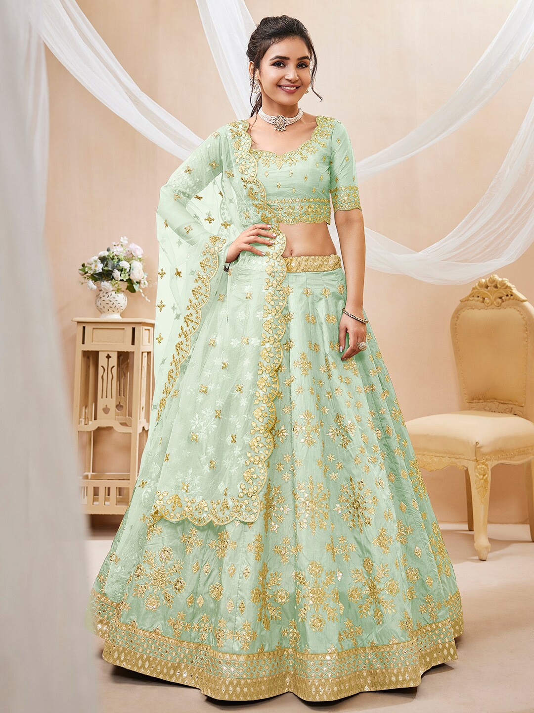 

FABPIXEL Embroidered Sequinned Semi-Stitched Lehenga & Unstitched Blouse With Dupatta, Green