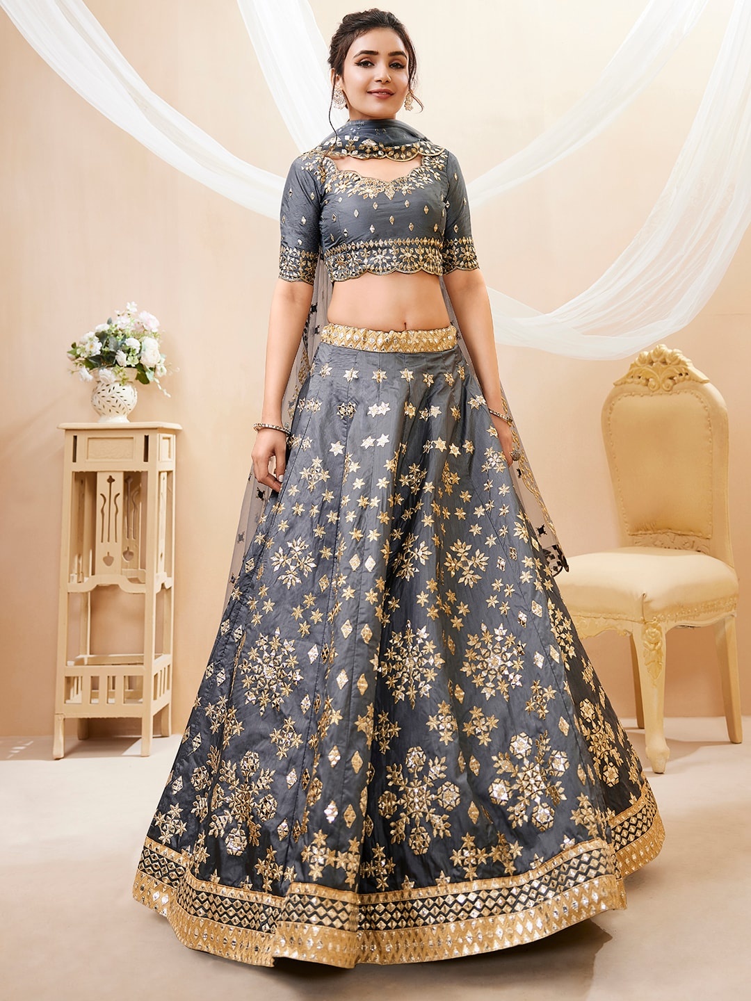 

FABPIXEL Embroidered Thread Work Semi-Stitched Lehenga & Unstitched Blouse With Dupatta, Grey