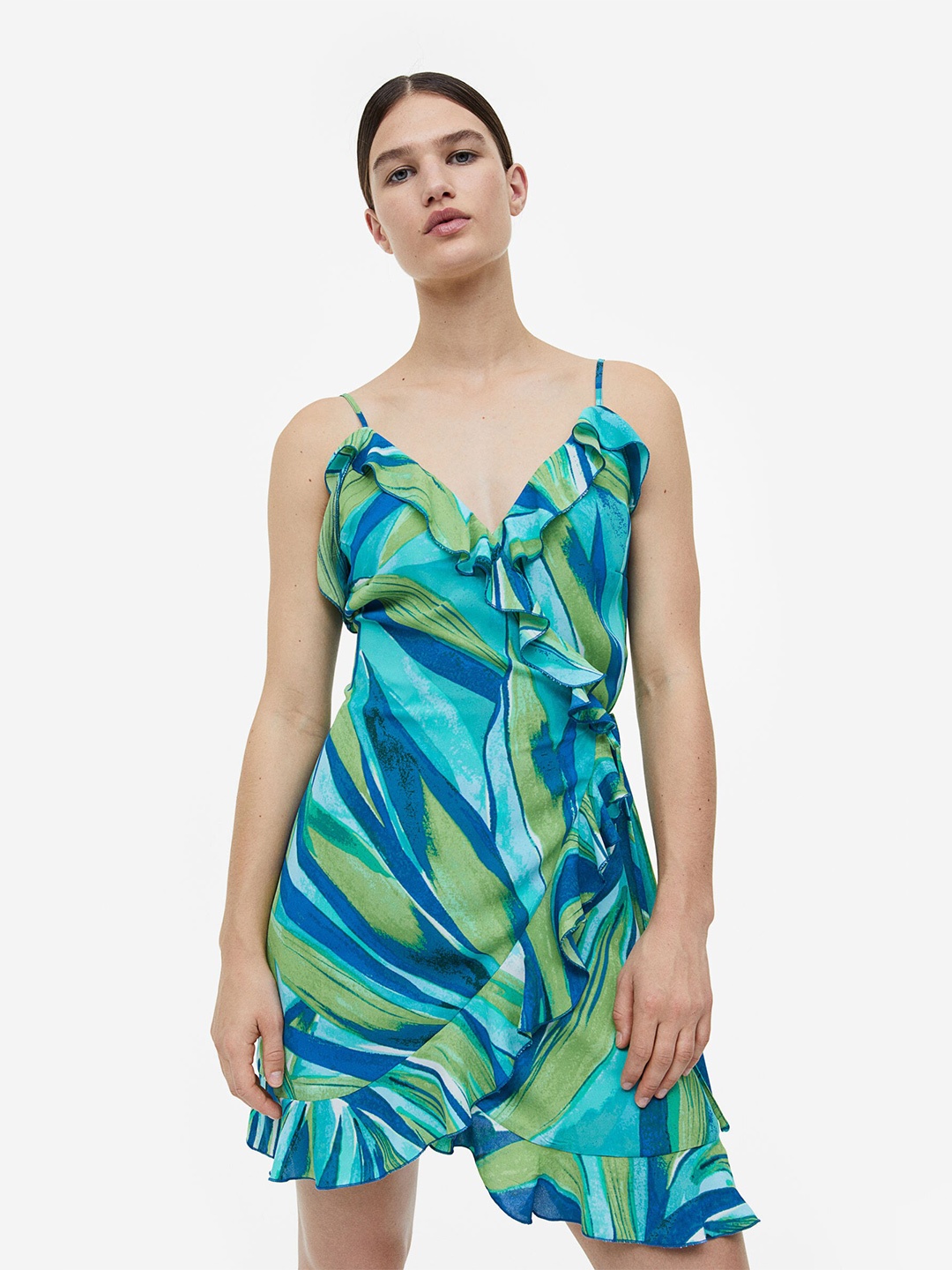 

H&M Flounce-Trimmed Wrap Dress, Blue