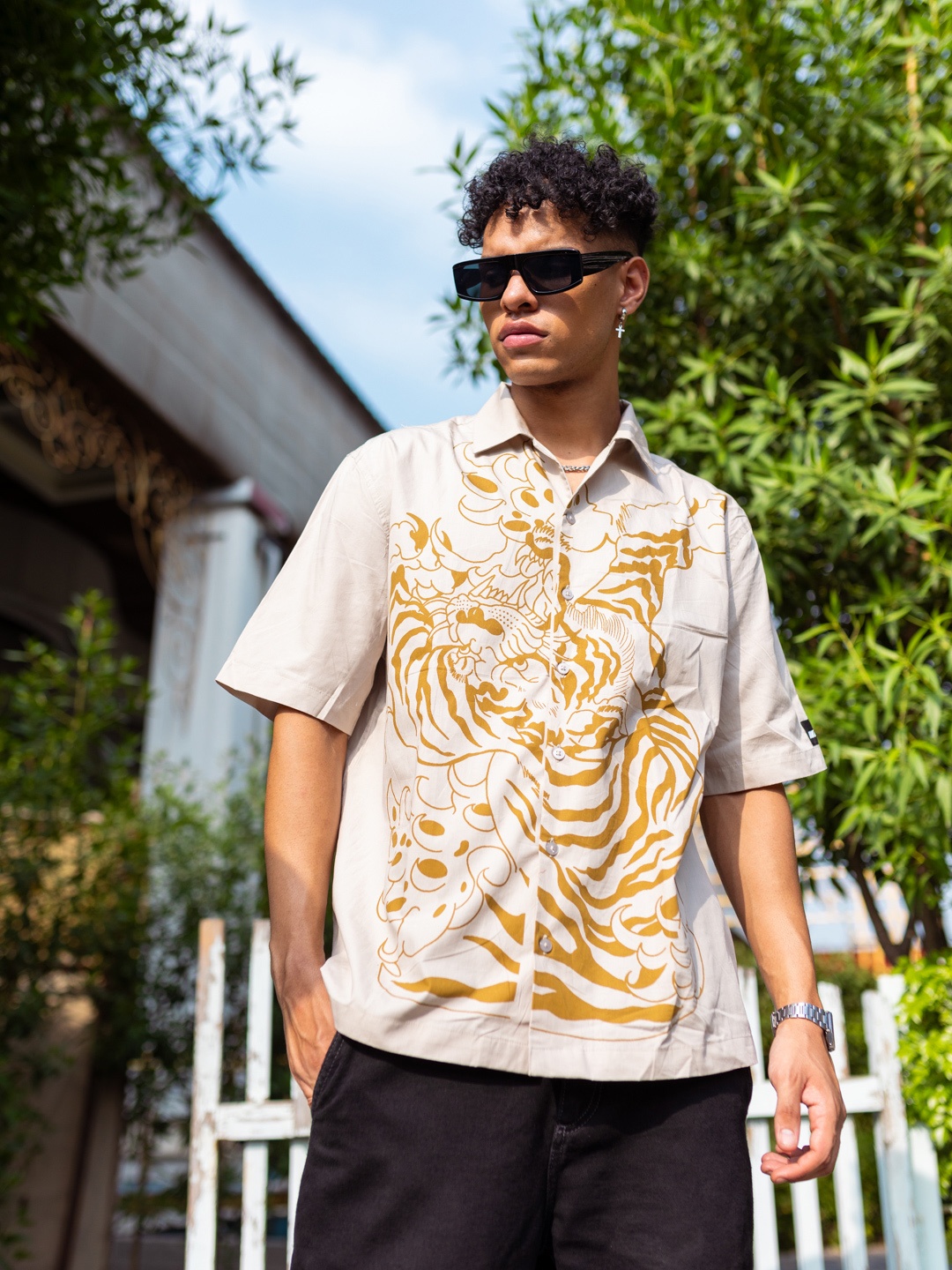 

UNRL Pure Cotton Printed Boxy Fit Casual Shirt, Beige