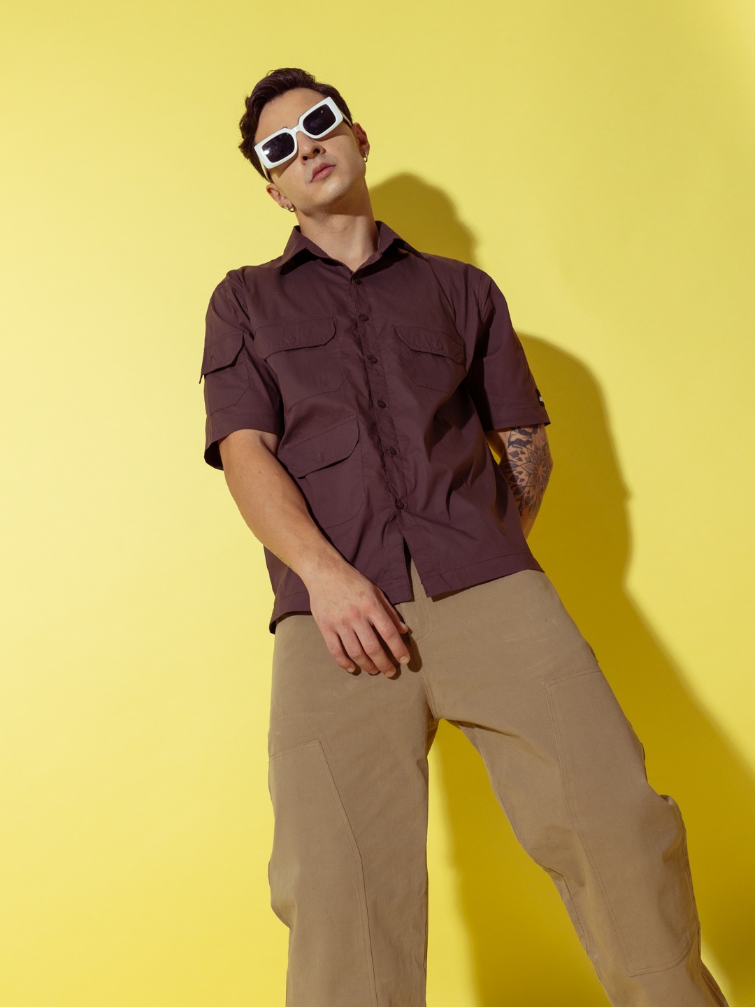 

UNRL Pure Cotton Boxy Fit Casual Shirt, Brown