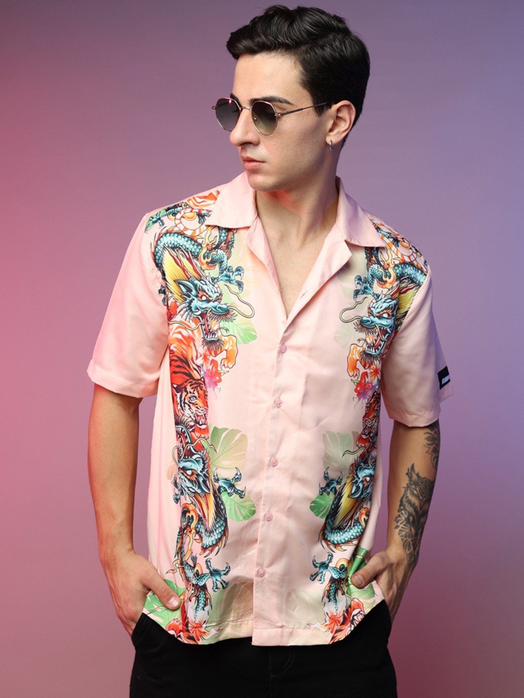 

UNRL Boxy Graphic Printed Casual Shirt, Peach