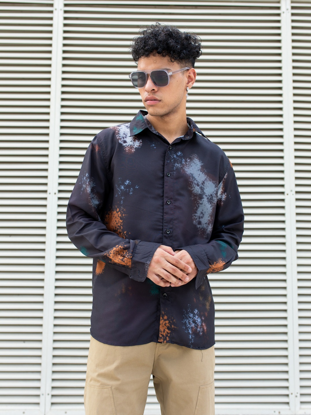 

UNRL Printed Boxy Casual Shirt, Black