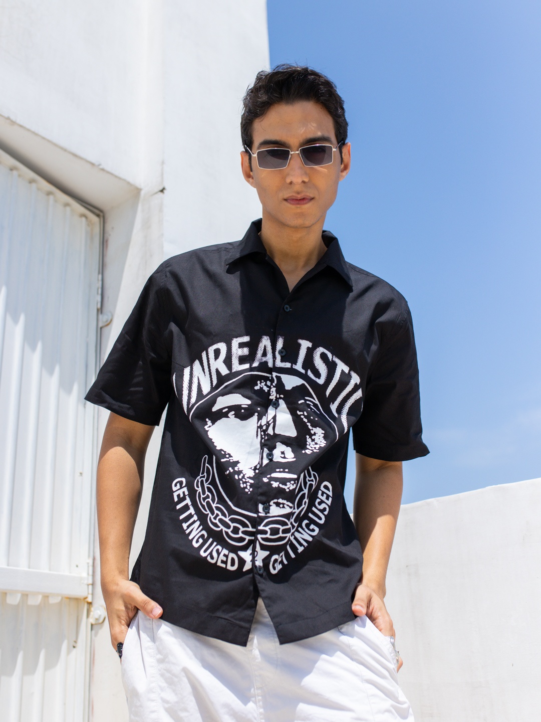 

UNRL Boxy Fit Pure Cotton Printed Casual Shirt, Black