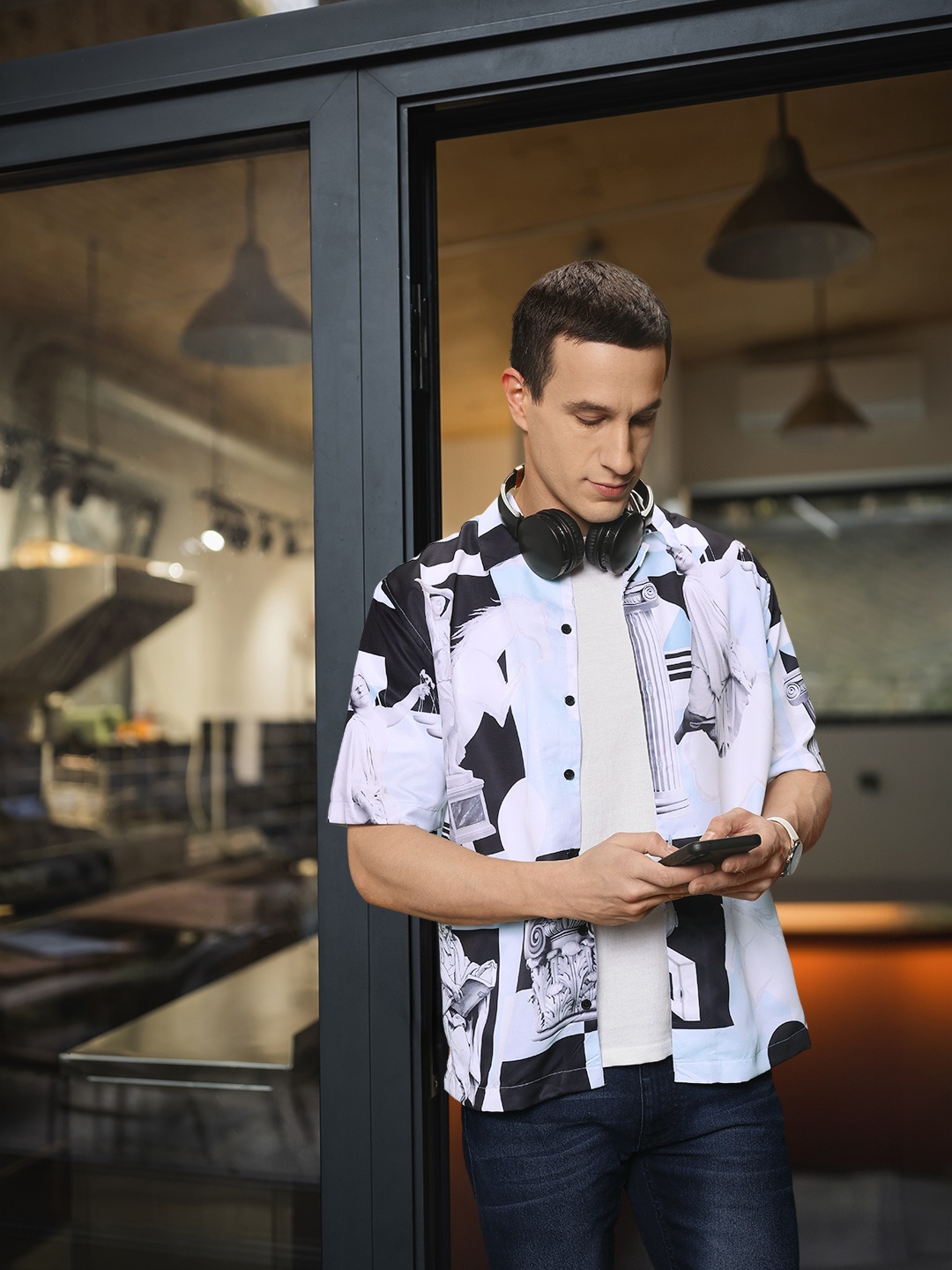 

UNRL Boxy Graphic Printed Cotton Casual Shirt, Blue