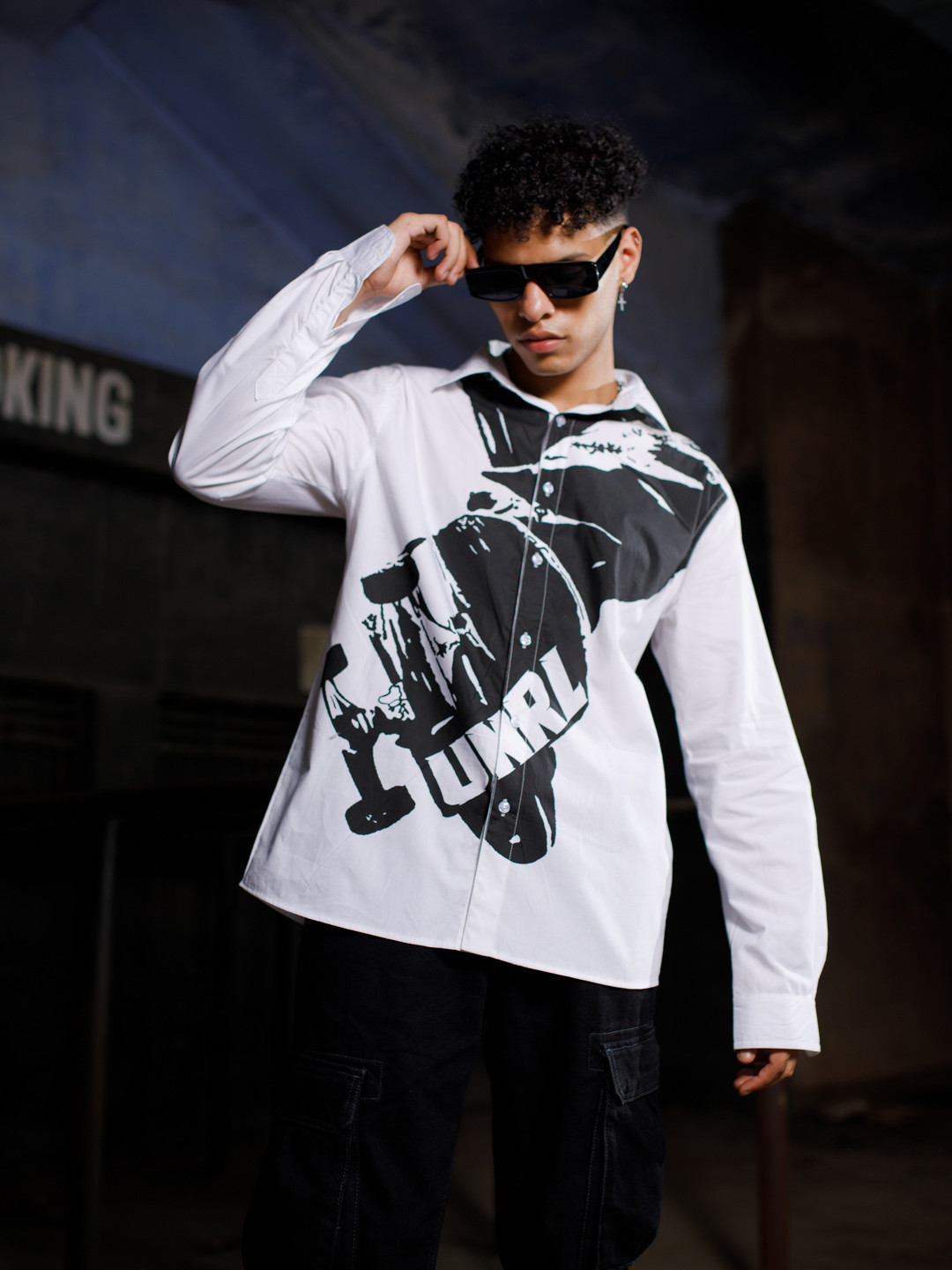 

UNRL Pure Cotton Printed Boxy Casual Shirt, White