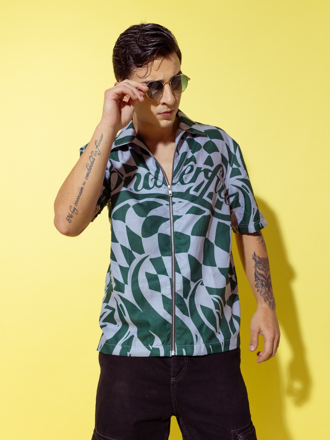 

UNRL Boxy Fit Graphic Printed Pure Cotton Casual Shirt, Grey