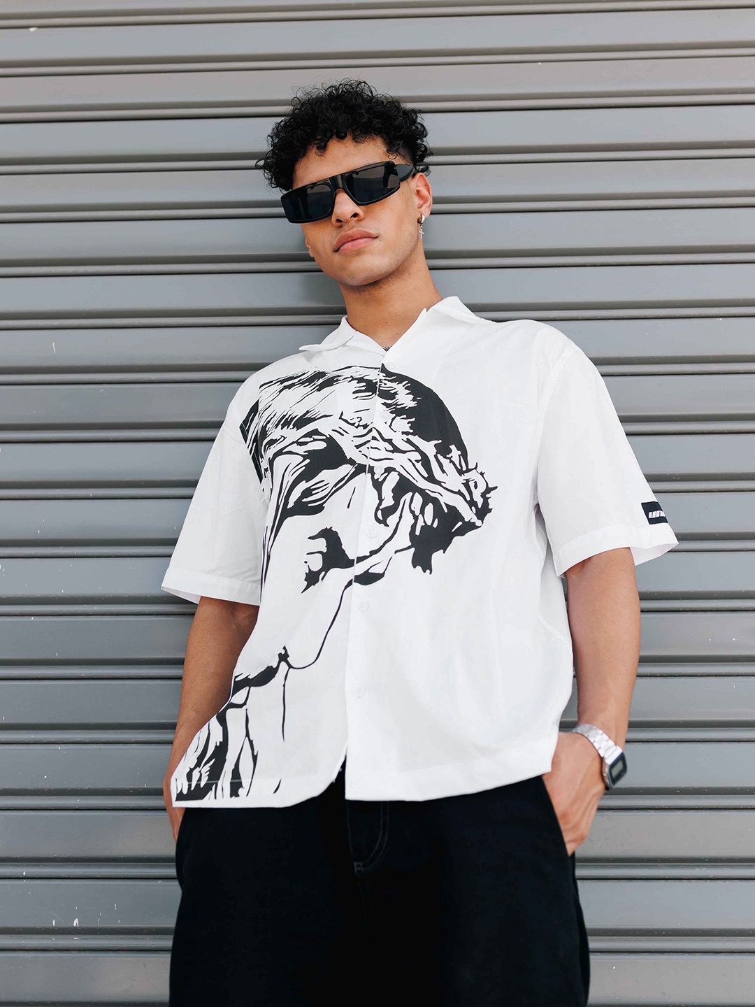 

UNRL Boxy Fit Cotton Abstract Printed Casual Shirt, White
