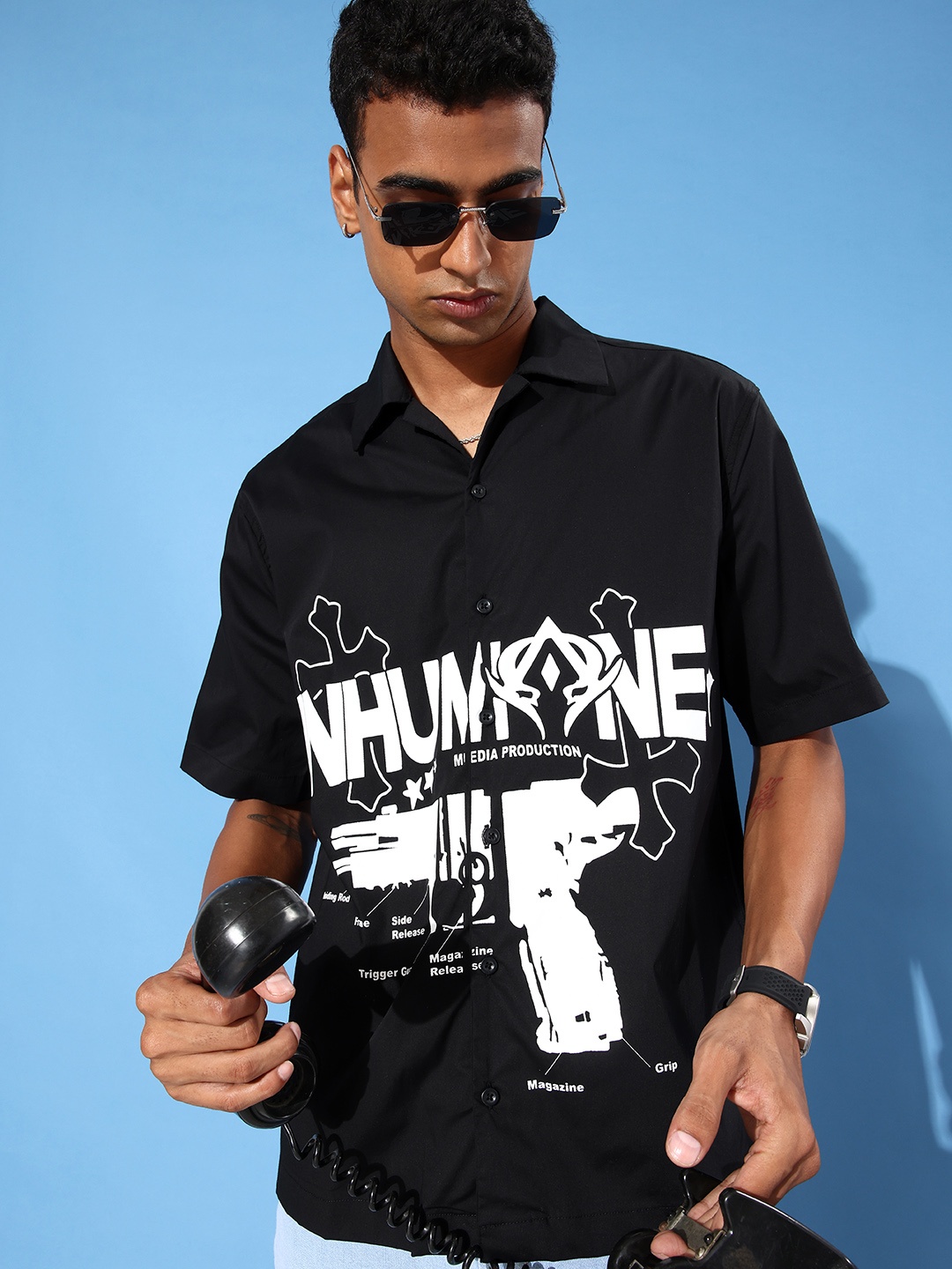 

UNRL Pure Cotton Boxy Fit Graphic Printed Cuban Collar Casual Shirt, Black