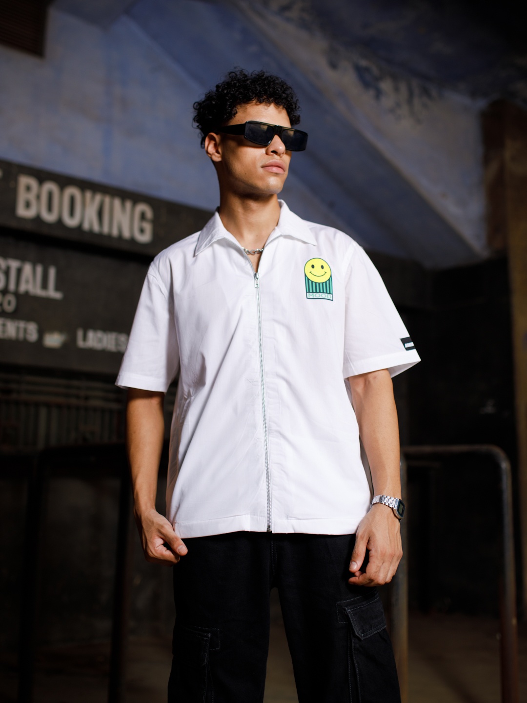

UNRL Boxy Fit Pure Cotton Graphic Printed Casual Shirt, White