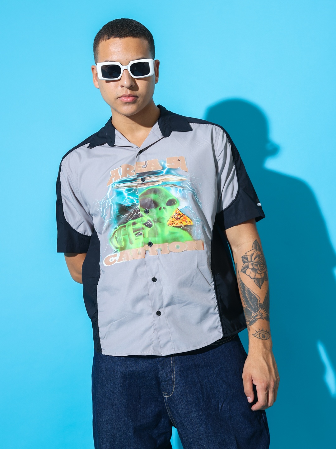 

UNRL Relaxed Graphic Printed Cotton Casual Shirt, Black