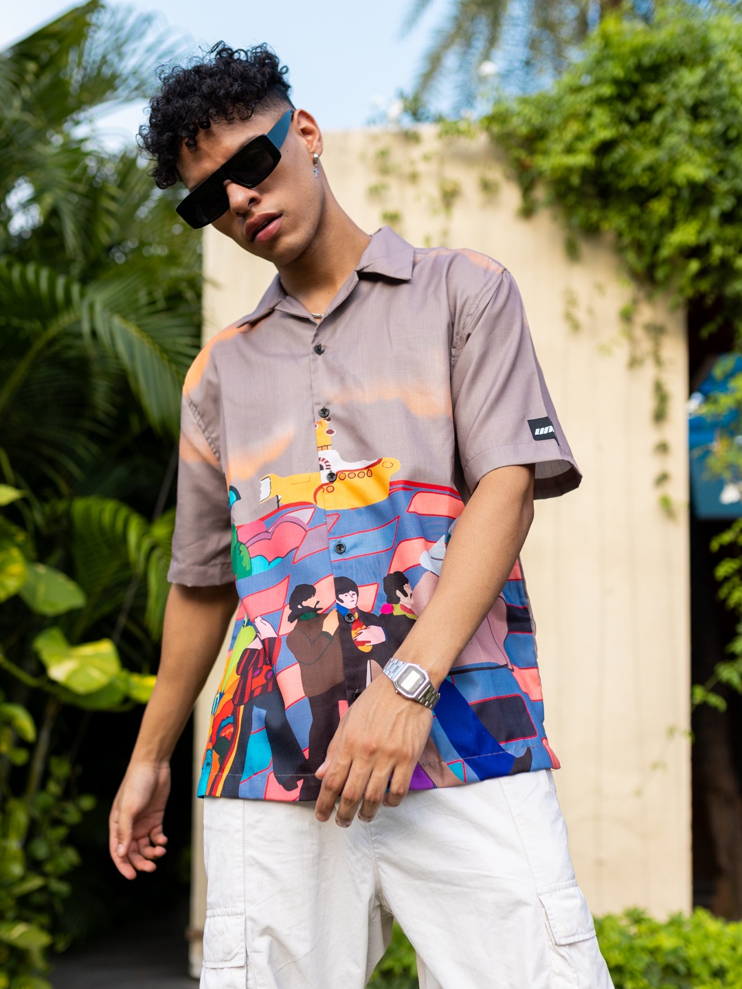 

UNRL Boxy Opaque Printed Casual Shirt, Taupe