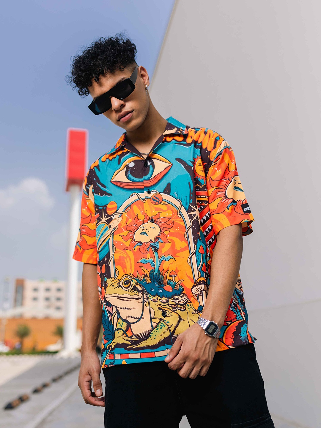 

UNRL Boxy Fit Graphic Printed Cuban Collar Casual Shirt, Multi