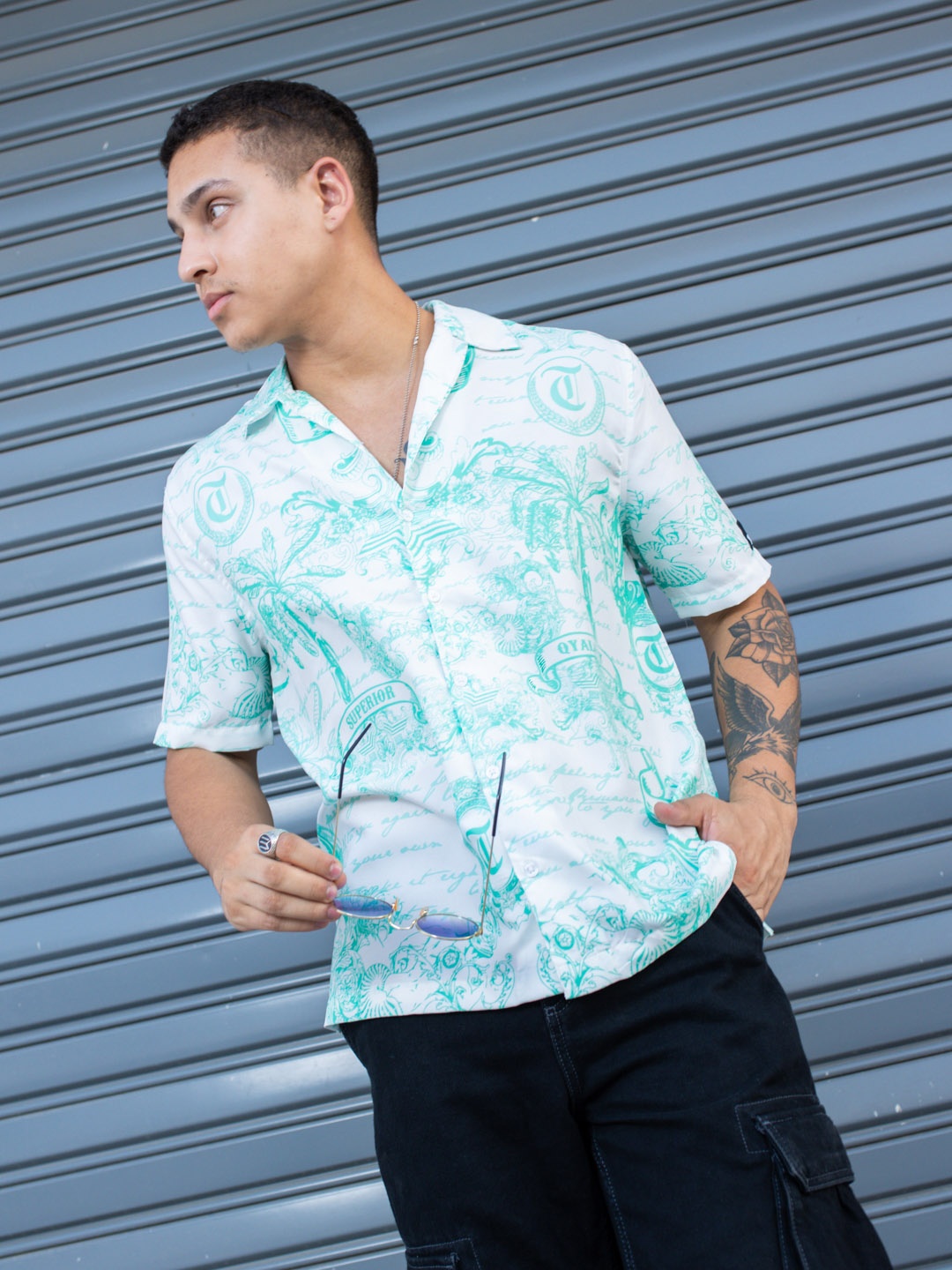 

UNRL Pure Cotton Boxy Printed Casual Shirt, White