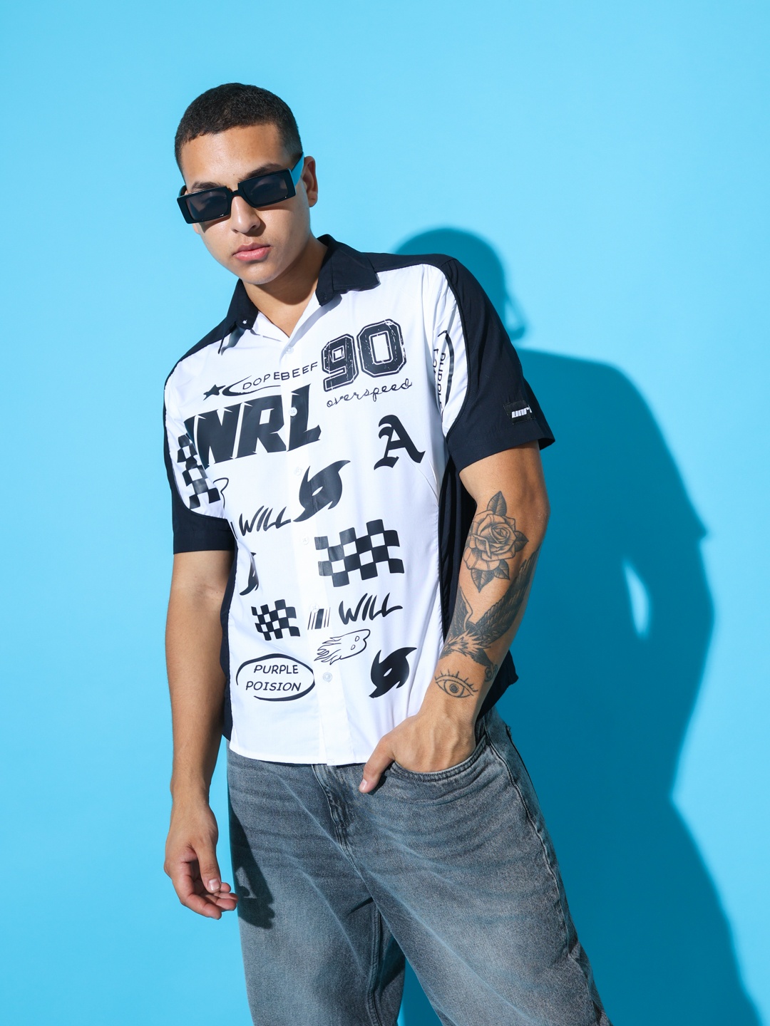 

UNRL Pure Cotton Boxy Graphic Printed Casual Shirt, Black