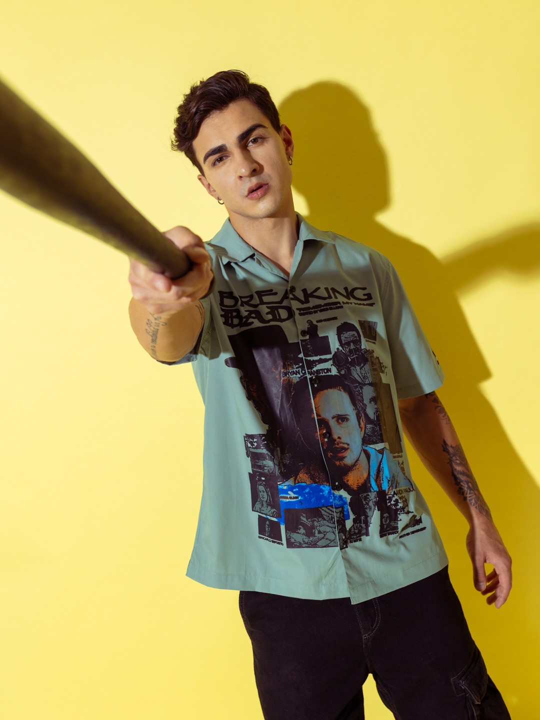 

UNRL Boxy Fit Graphic Breaking Bad Printed Pure Cotton Casual Shirt, Green