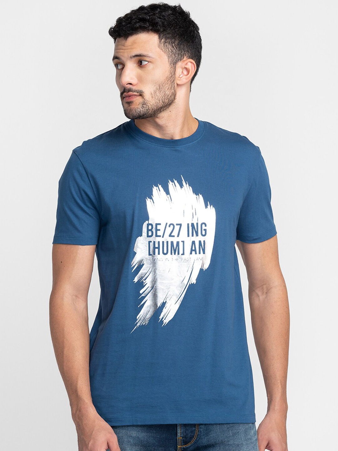 

Being Human Typography Printed Cotton T-Shirt, Blue