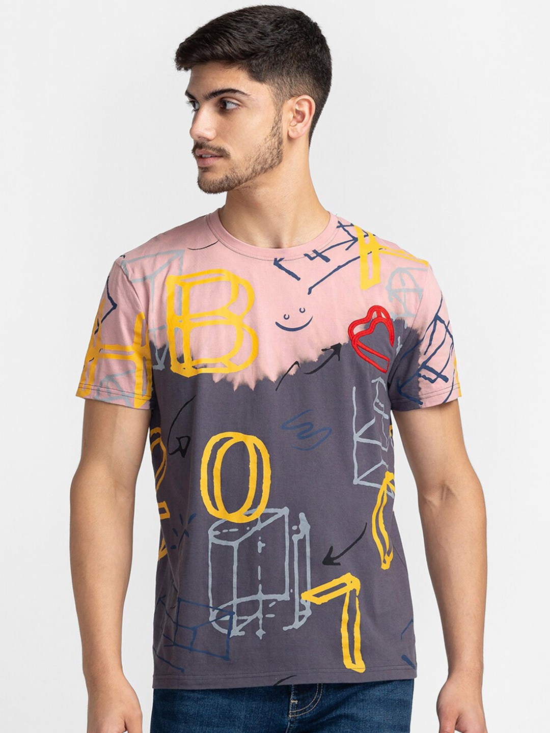 

Being Human Graphic Printed Regular-Fit Knitted Casual T-shirt, Grey