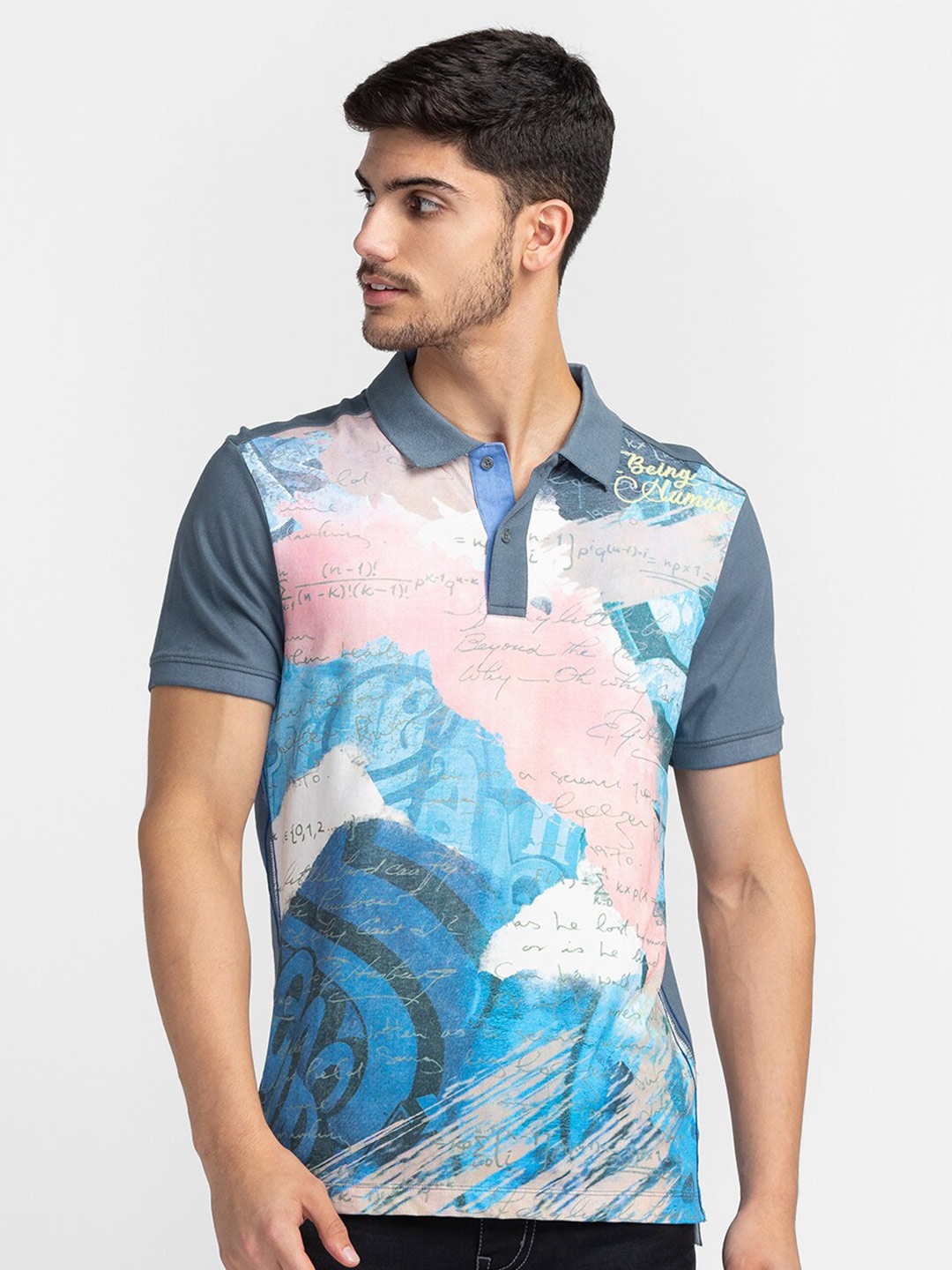

Being Human Printed Polo Collar Cotton T-shirt, Grey