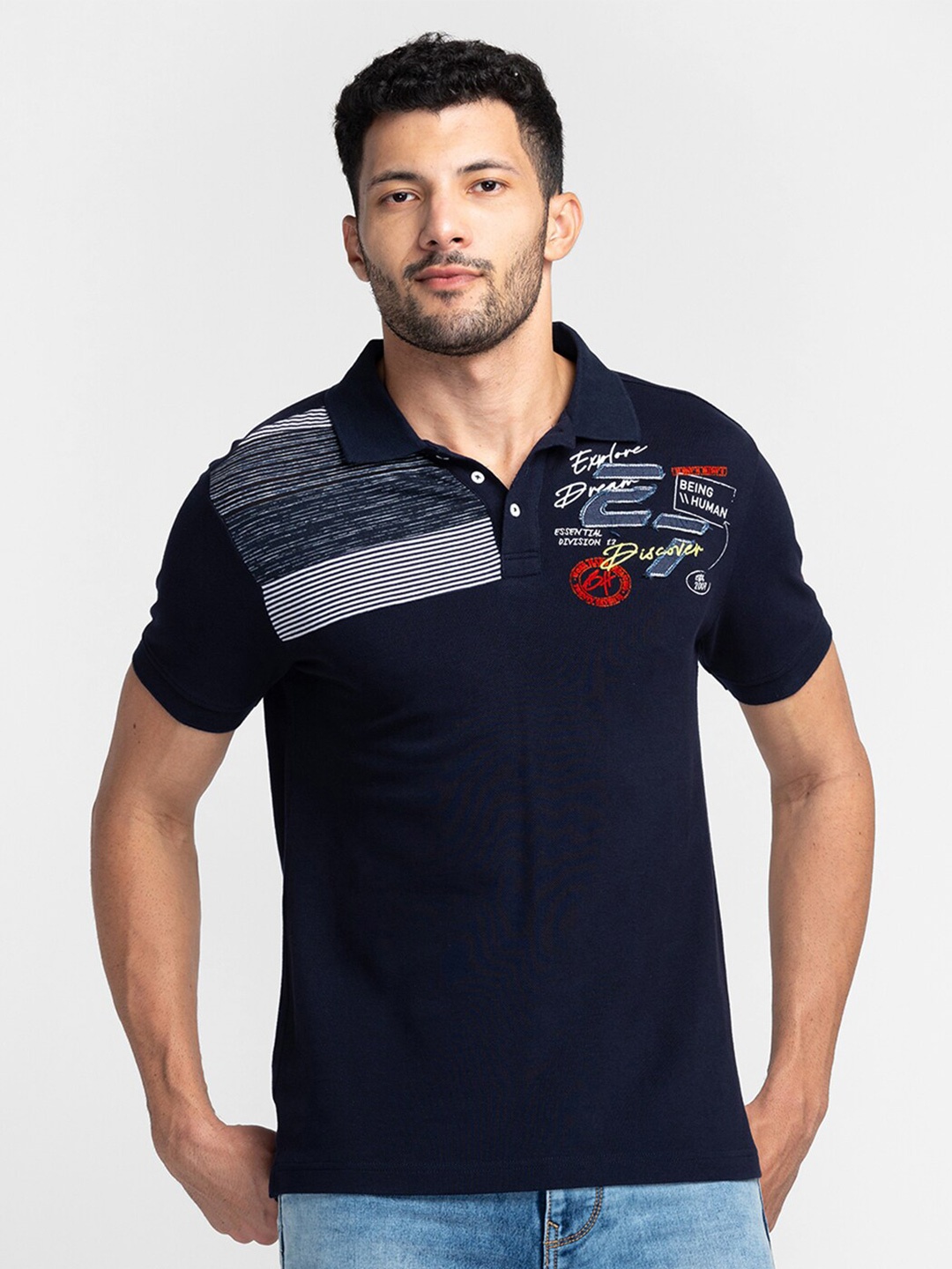 

Being Human Typography Printed Polo Collar Cotton T-Shirt, Navy blue