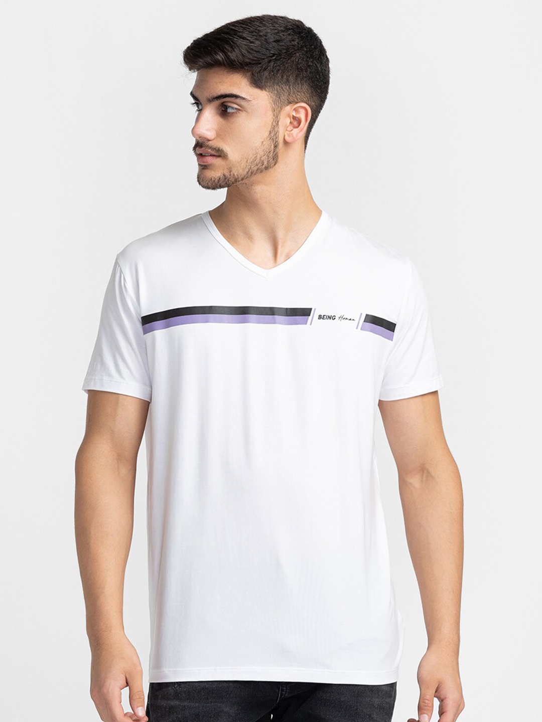 

Being Human Striped V-Neck Casual T-shirt, White