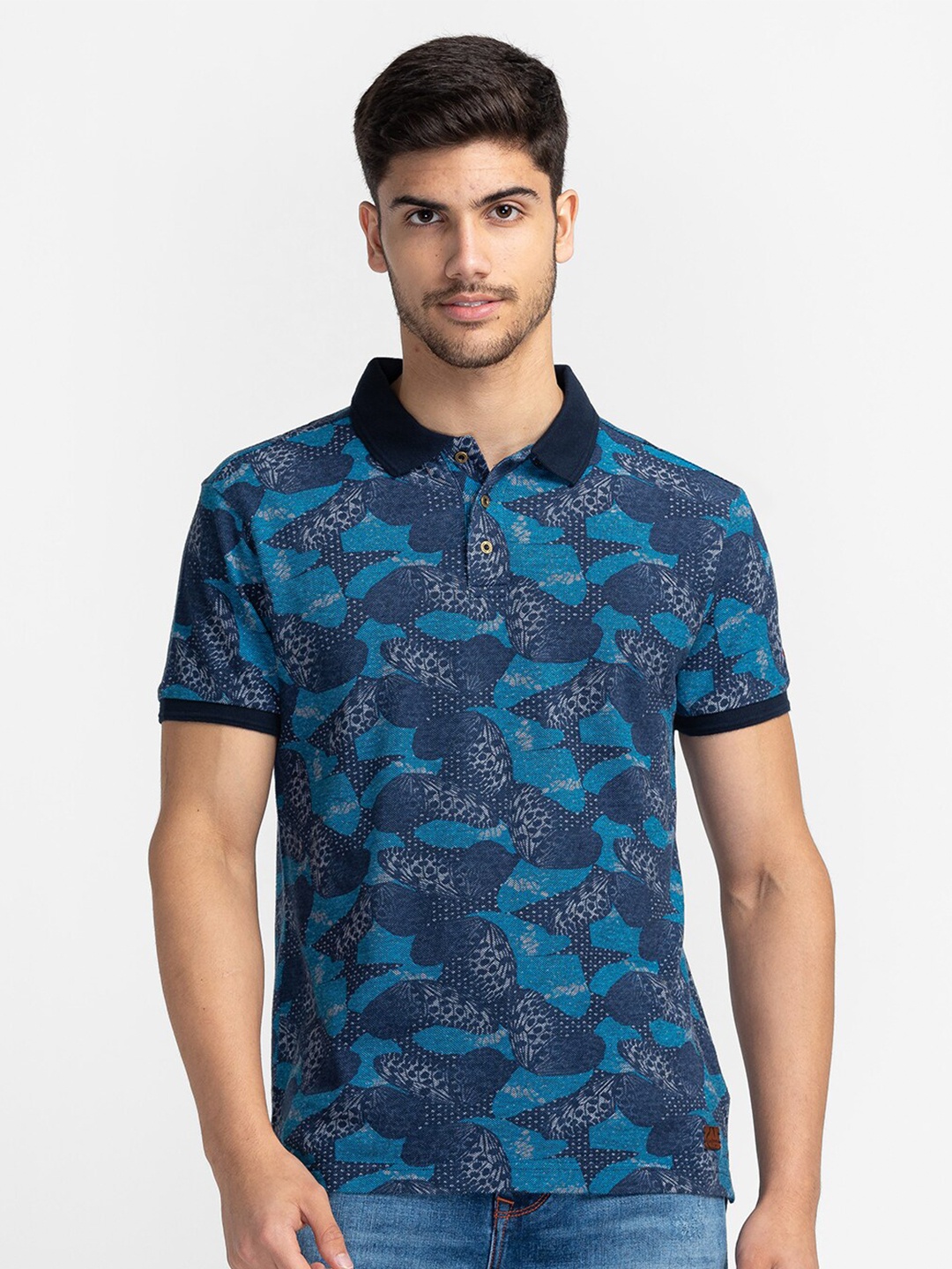 

Being Human Floral Printed Polo Collar Cotton T-shirt, Blue