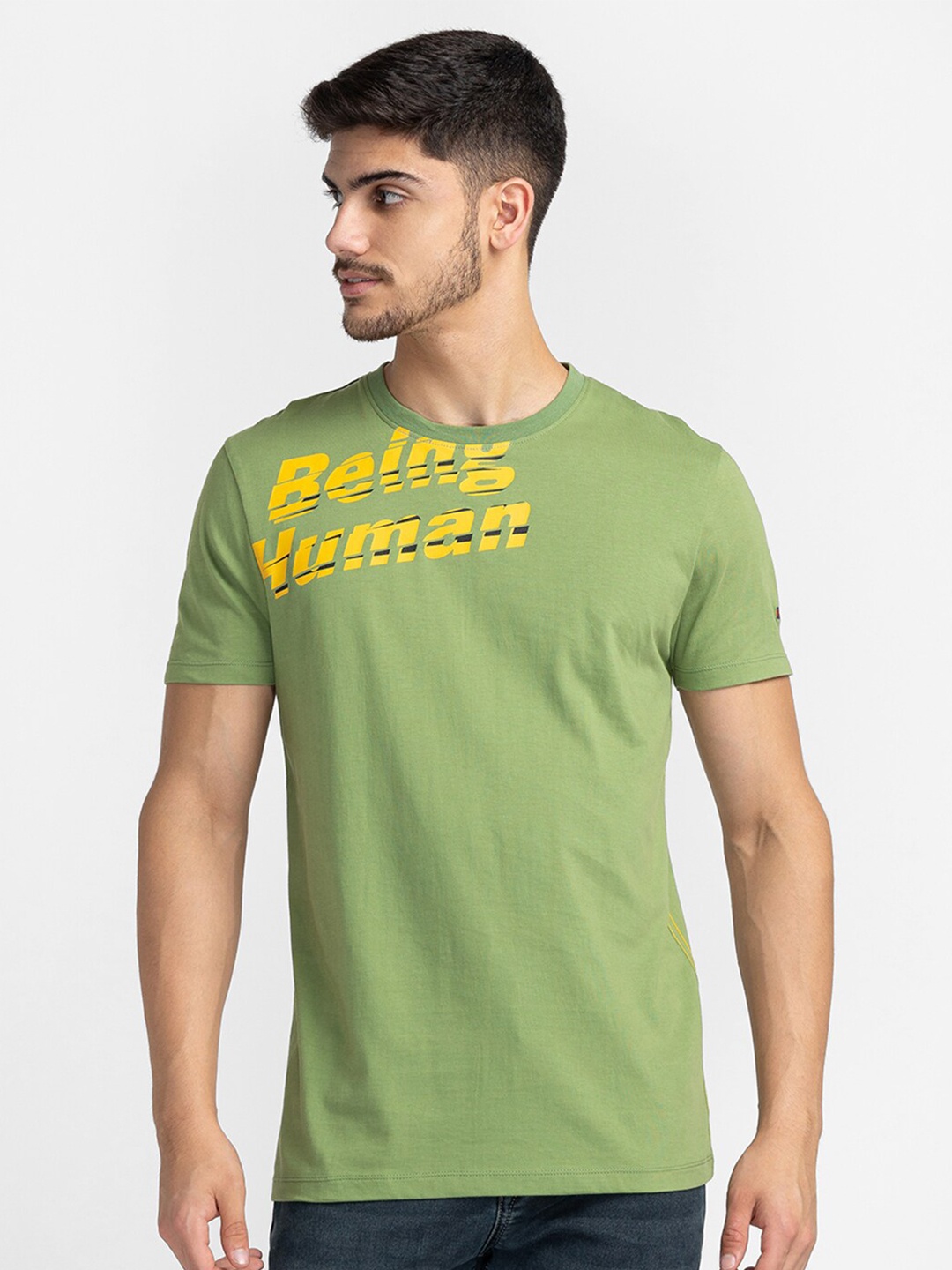 Being Human Typography Printed Cotton T-shirt, Green