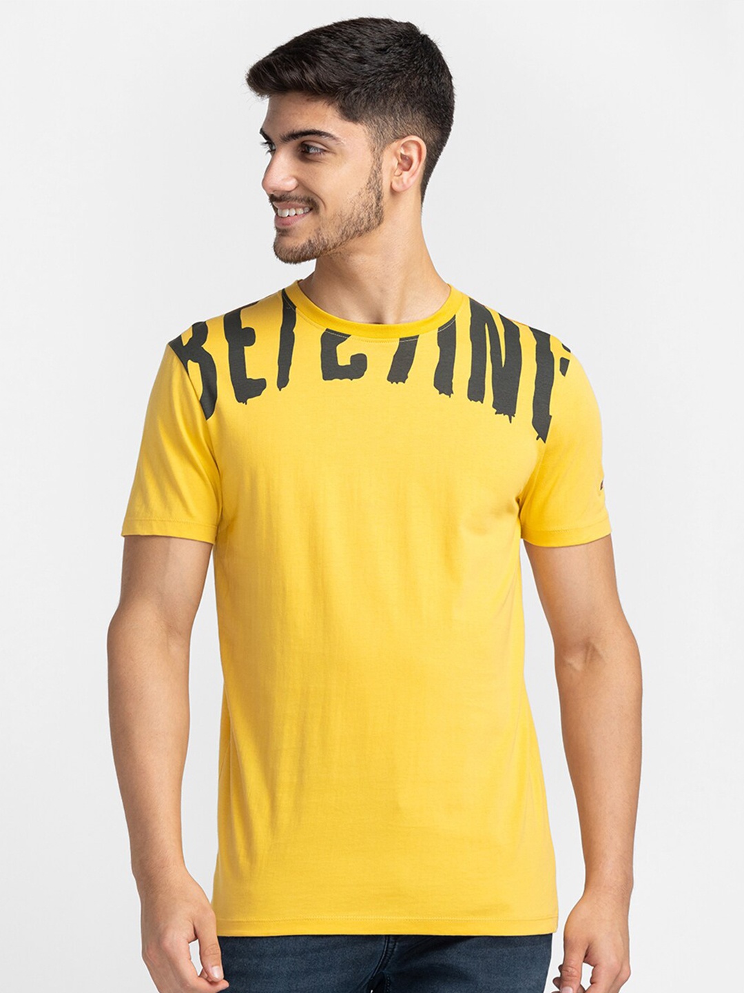 Being Human Typography Printed Regular-Fit Knitted Casual T-shirt, Yellow