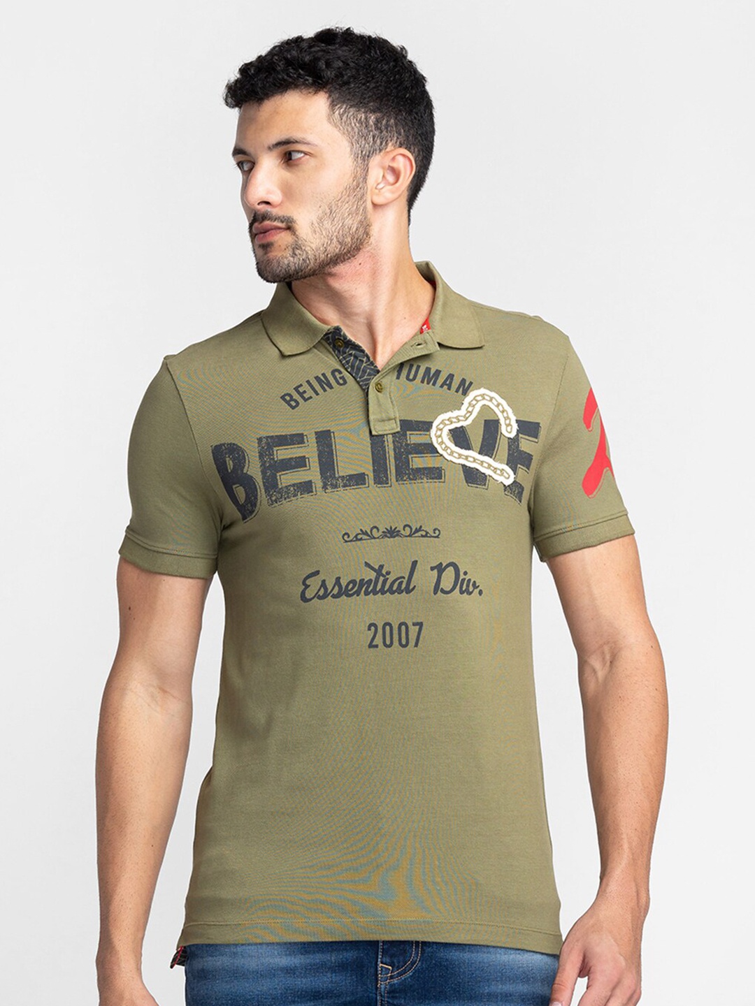 

Being Human Typography Printed Polo Collar Applique T-shirt, Green