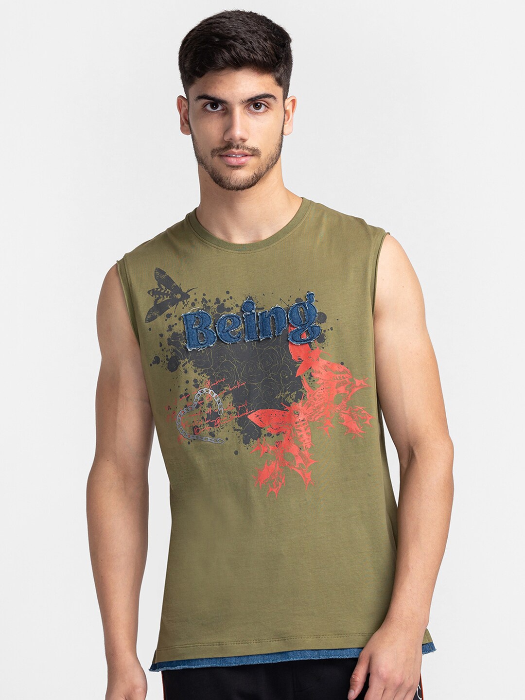 

Being Human Graphic Printed Round Neck Sleeveless T-shirt, Green