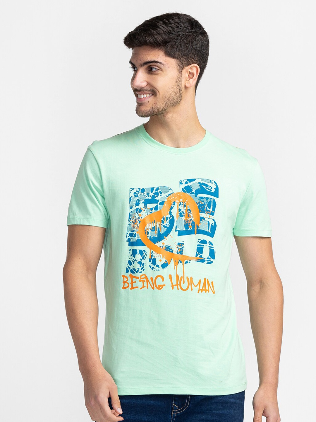 

Being Human Typography Printed Cotton T-Shirt, Green