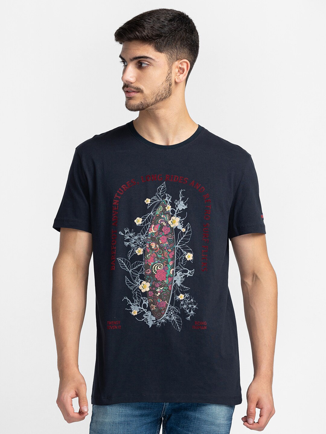 

Being Human Floral Printed Round Neck T-shirt, Navy blue