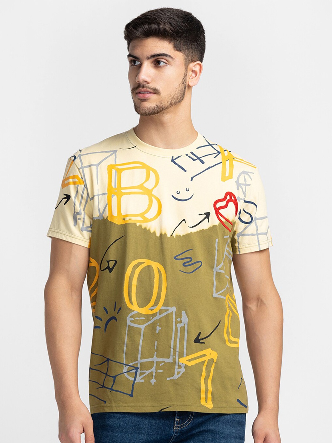 

Being Human Abstract Printed Cotton T-shirt, Olive