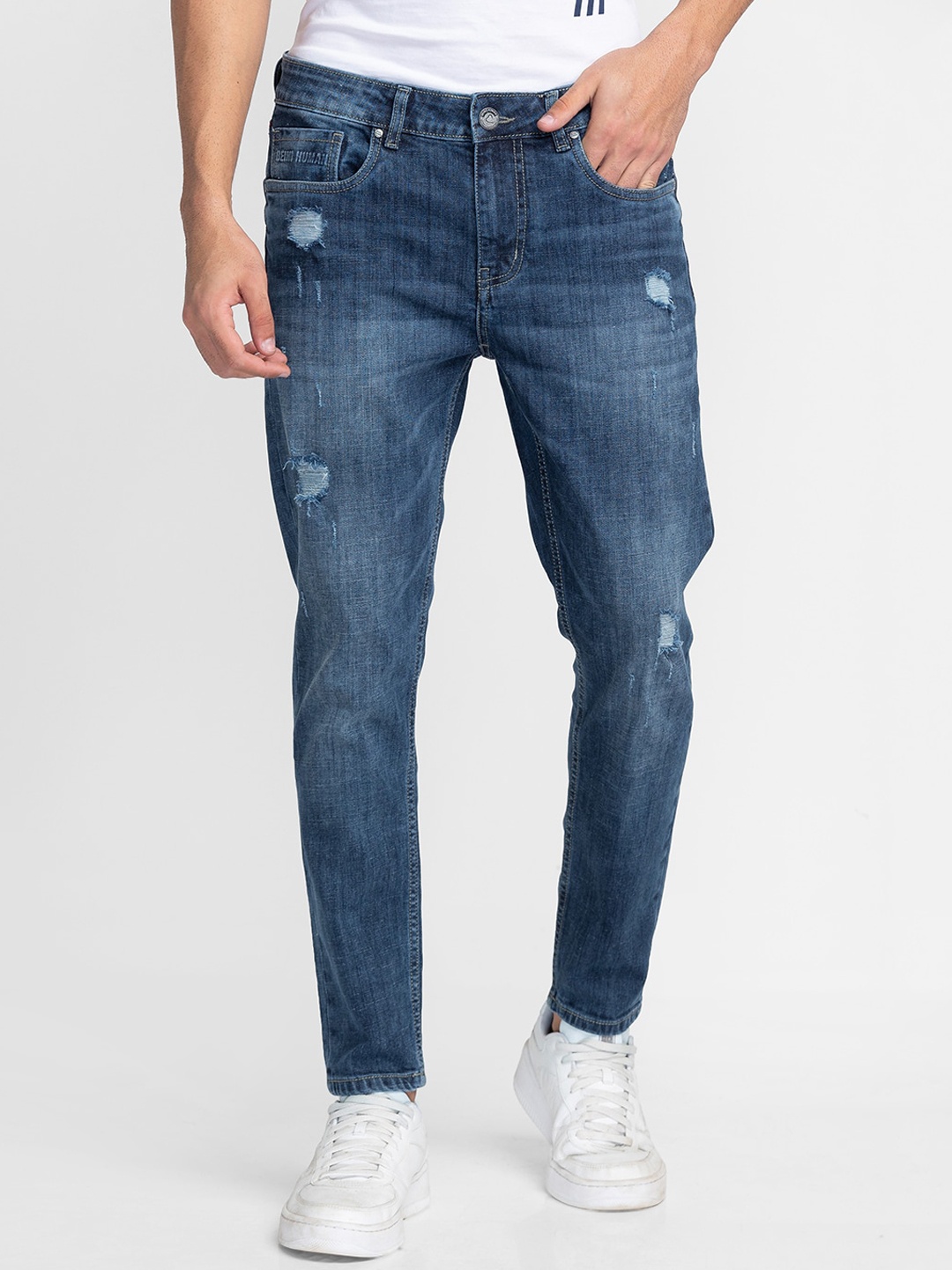 

Being Human Men Slim Fit Low Distressed Light Fade Jeans, Blue