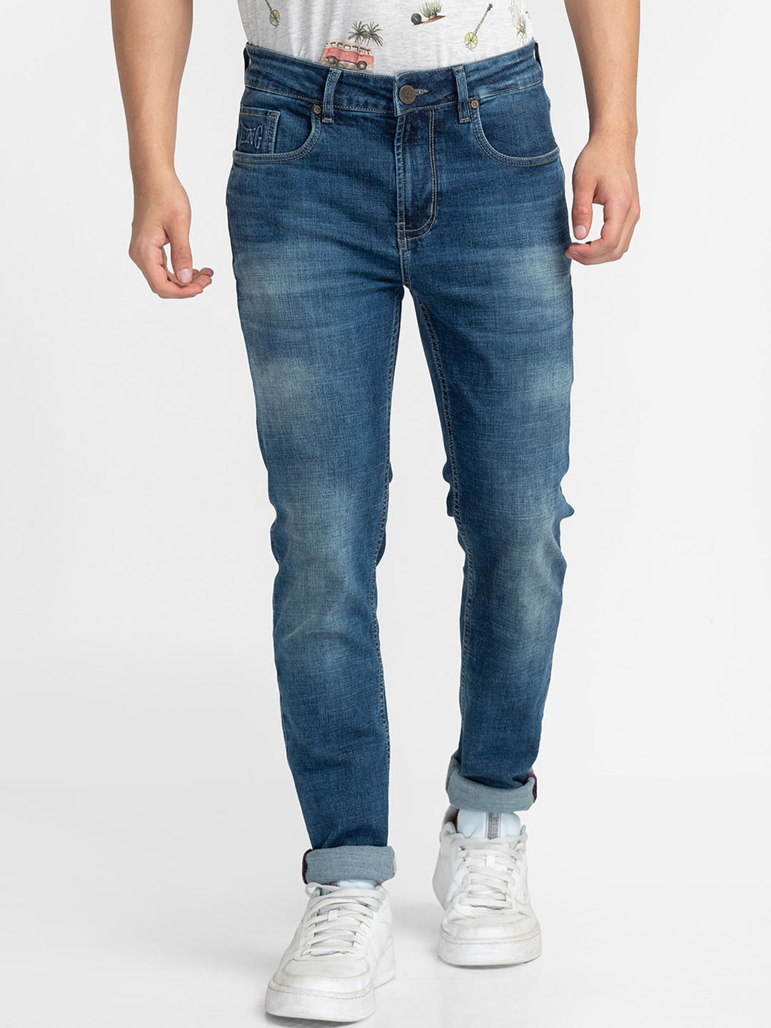 

Being Human Men Mid Rise Clean Look Light Fade Whiskers Skinny Fit Jeans, Blue