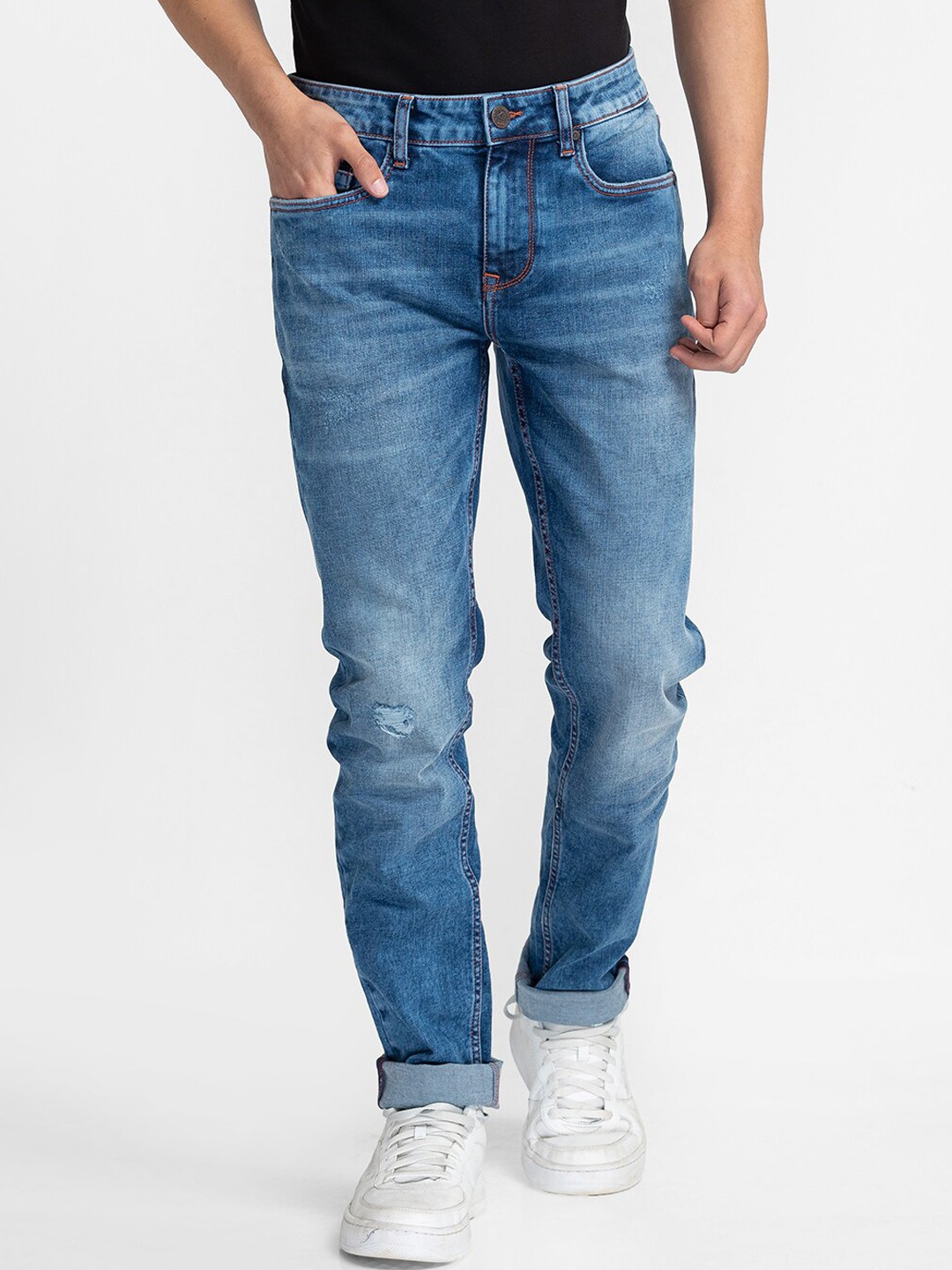 

Being Human Men Slim Fit Low Distress Light Fade Jeans, Blue