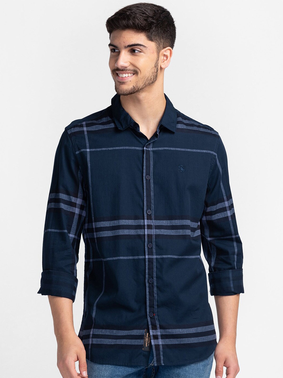 

Being Human Slim Fit Horizontal Striped Casual Shirt, Navy blue