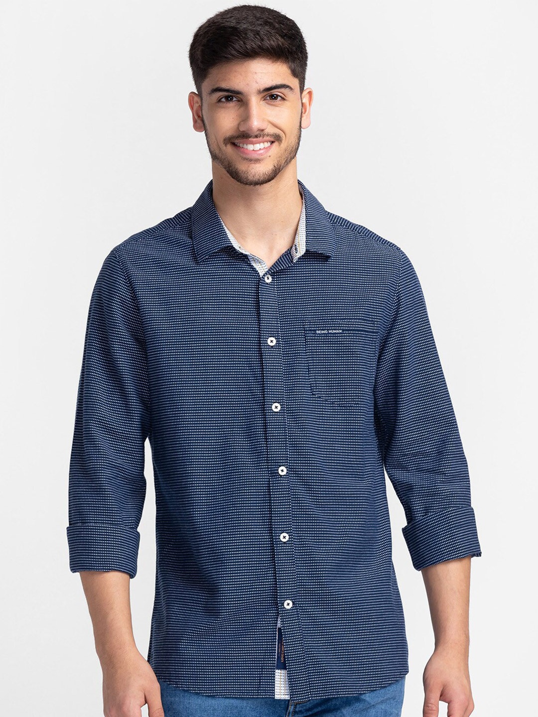 

Being Human Slim Fit Self Design Cotton Casual Shirt, Navy blue