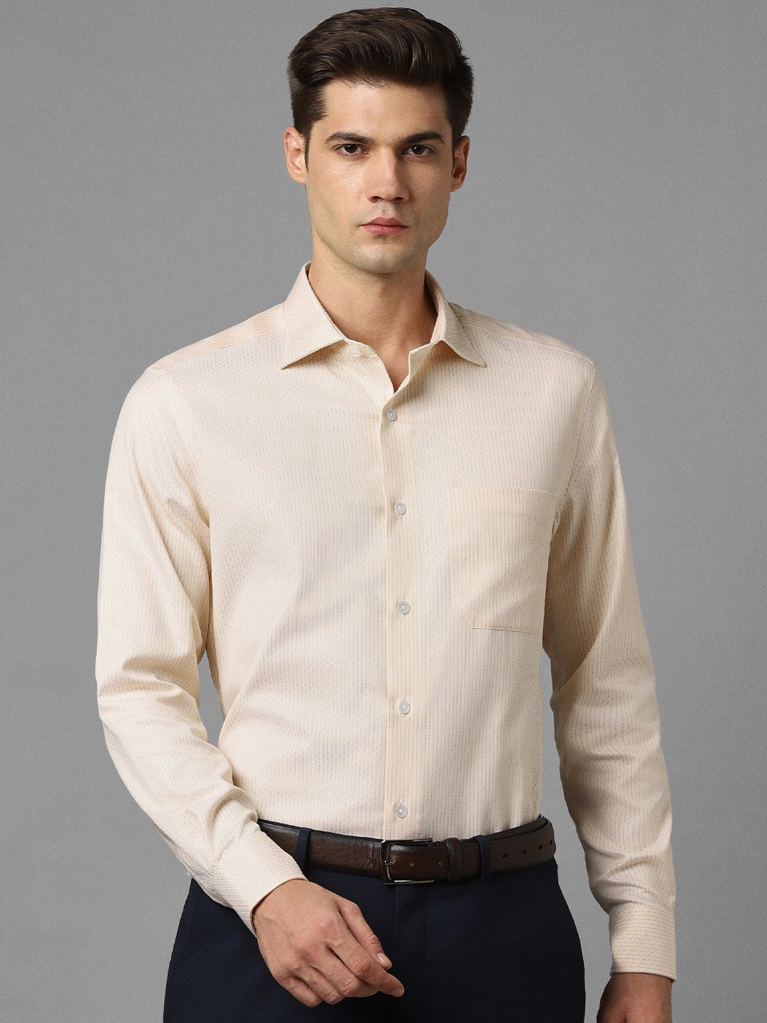 

Louis Philippe Spread Collar Long Sleeves Slim Fit Striped Formal Shirt, Cream