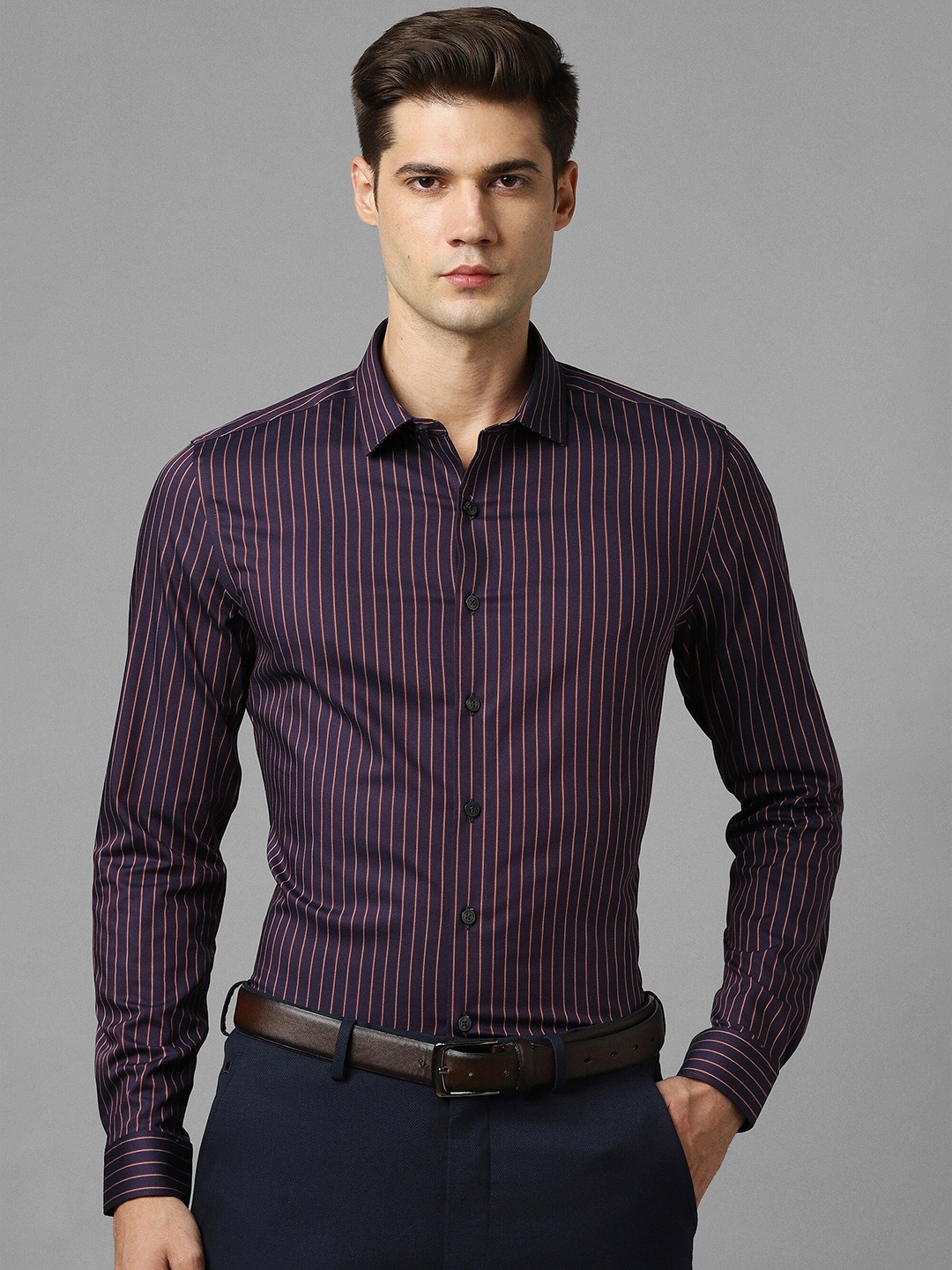 

Louis Philippe Permapress Striped Slim Fit Comfort Wrinkle Free Formal Shirt, Purple