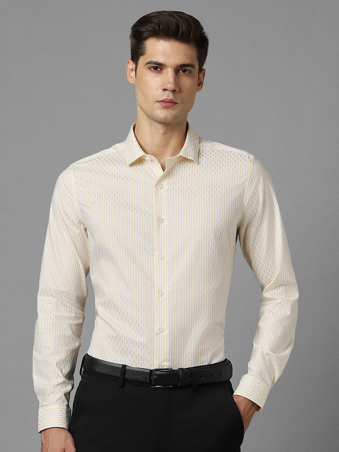 

Louis Philippe Slim Fit Opaque Striped Formal Shirt, Beige