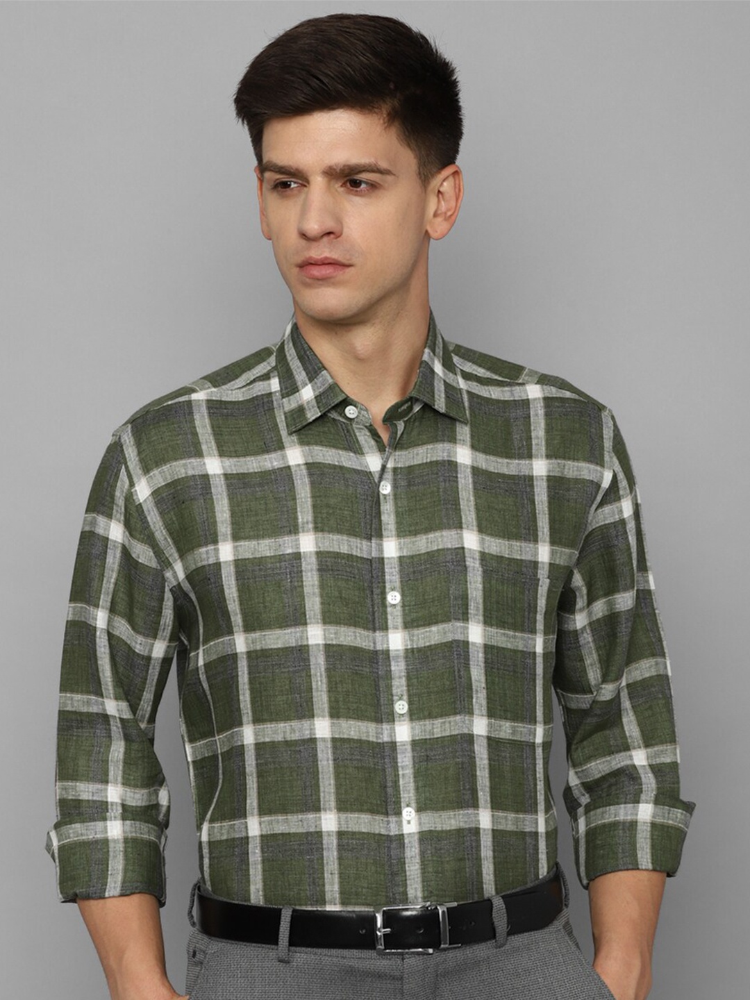 

Luxure by Louis Philippe Tartan Checked Pure Linen Slim Fit Formal Shirt, Olive