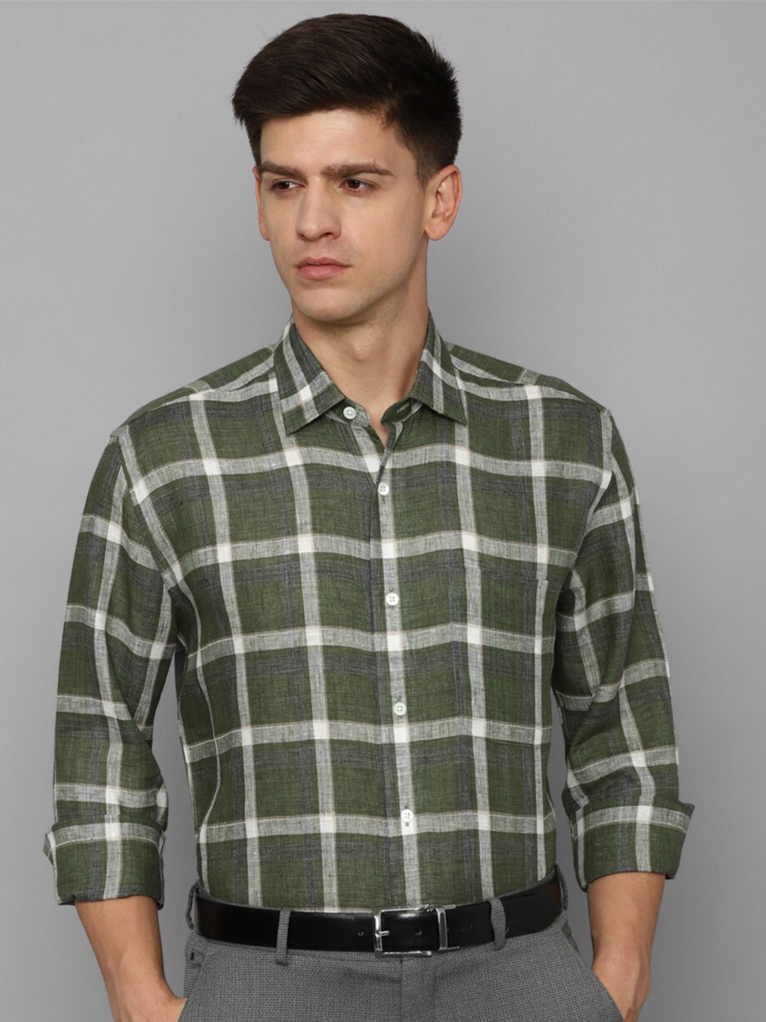 

Luxure by Louis Philippe Tartan Checked Pure Linen Slim Fit Formal Shirt, Olive