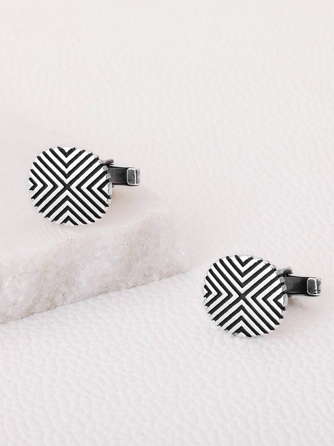 

GIVA 925 Oxidised Silver Rhodium-Plated Striped Round Brilliance Cufflinks, Black