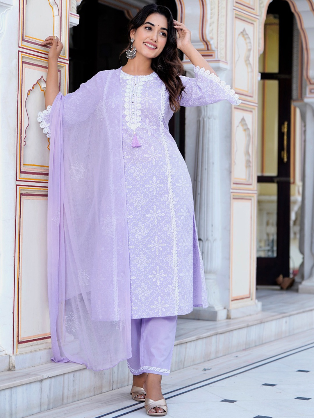 

Hatheli Floral Printed Pure Cotton Kurta with Trousers & Dupatta, Purple