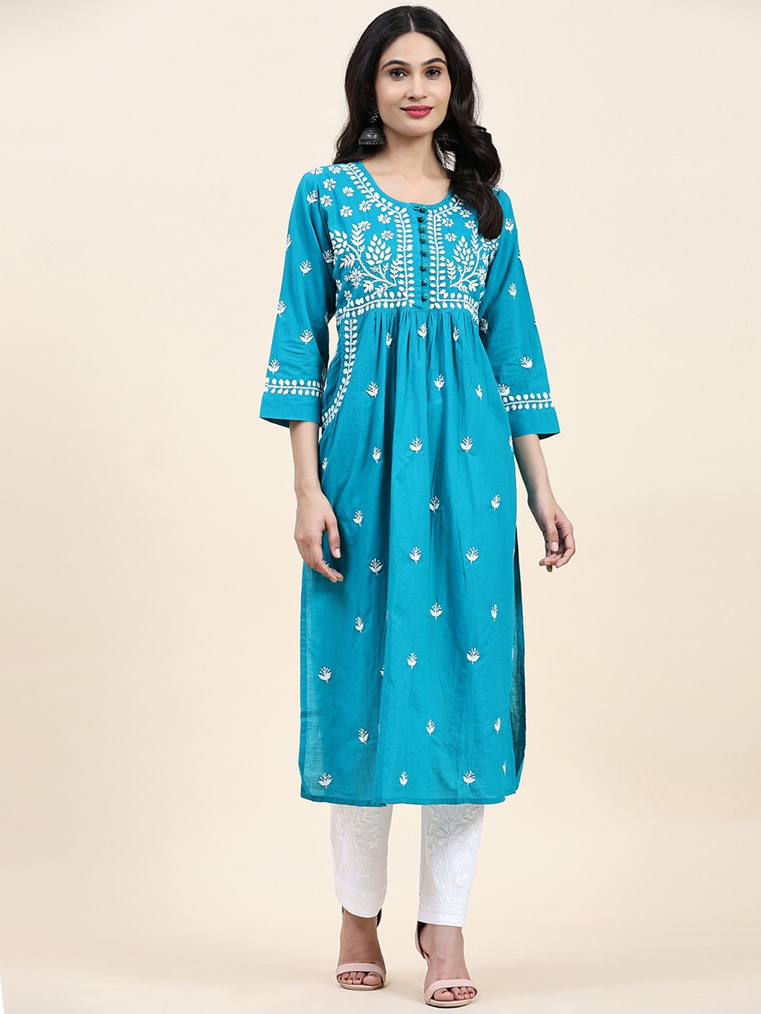 

HOUSE OF KARI Ethnic Motifs Embroidered Thread Work Pure Cotton Kurta, Blue